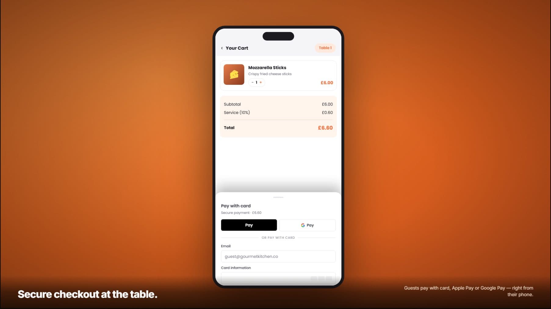 A guest's phone showing their table's cart and card payment, from the TableFlow product tour